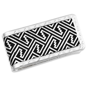 Front-facing view of the Desert Twilight Southwestern Money Clip, featuring a bold black geometric pattern framed by bright-cut silver engravings.