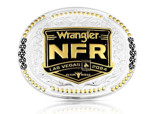 Close-up of the 2024 National Finals Rodeo Oval Belt Buckle – A detailed shot of the NFR 2024 western belt buckle, featuring a silver filigree frame, gold lettering, and black enamel background.
