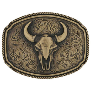 Close-up of the Wild Ambition Western Belt Buckle featuring a bronze-tone buffalo skull with engraved filigree and a rope border.