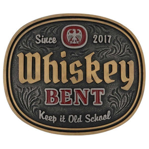 Close-up of Keep It Old School Whiskey Bent Western Belt Buckle – A detailed shot of the oval western belt buckle featuring bold gold-tone "Whiskey Bent" lettering, red accents, and intricate silver engraving.
