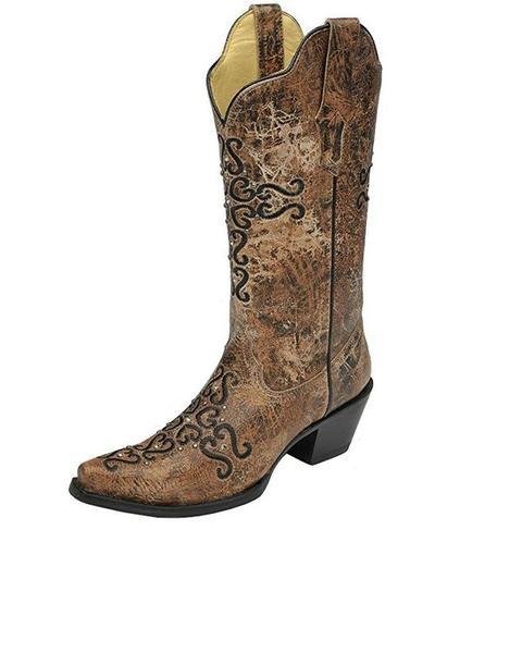 Corral Women's Distressed Crystal Embroidered Cross Snip Toe Boot - R1 ...